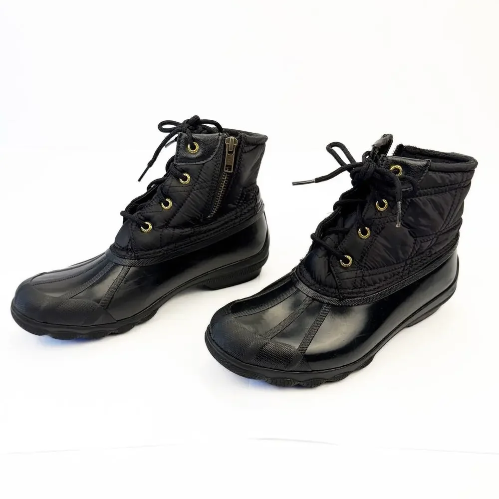 Sperry Black Waterproof Rubber‎ Nylon Quilted Lace Up Gulf Duck Fleece Boots 7M